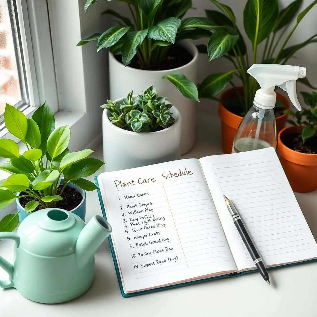 Plant care guide notebook with watering schedule and healthy houseplants