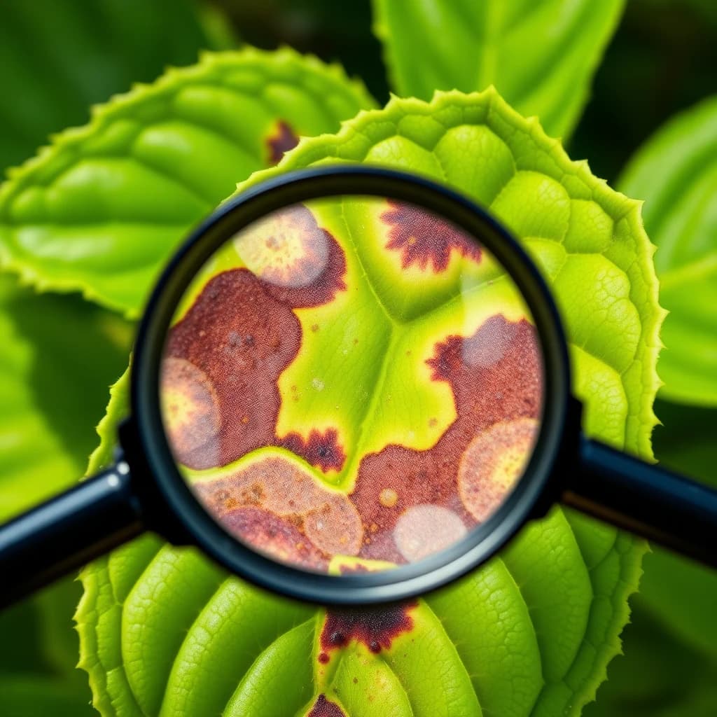 Close-up of plant leaf disease diagnosis with magnifying glass examination