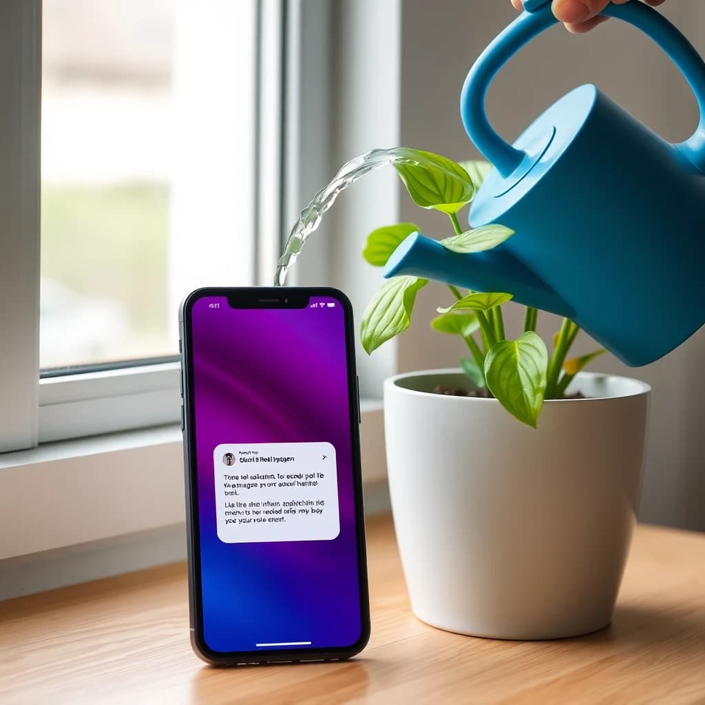 Smartphone showing watering reminder notification next to plant being watered