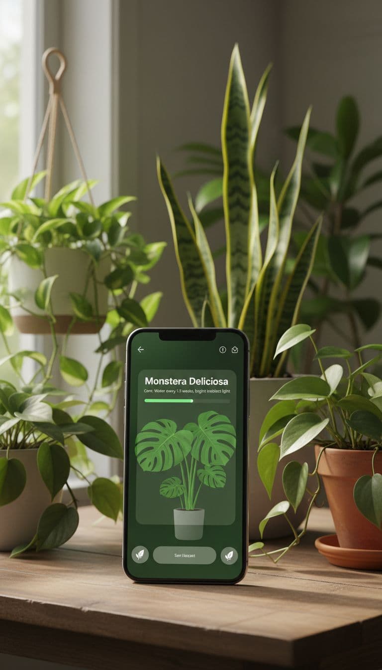 AI Plant Identifier app showing plant scanning interface with monstera identification and care information