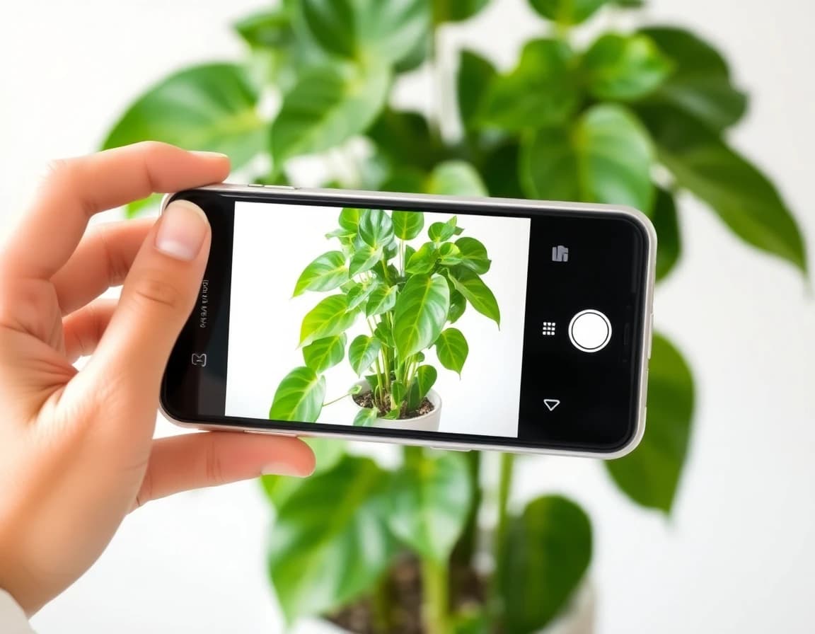 Person taking photo of pothos plant with smartphone camera